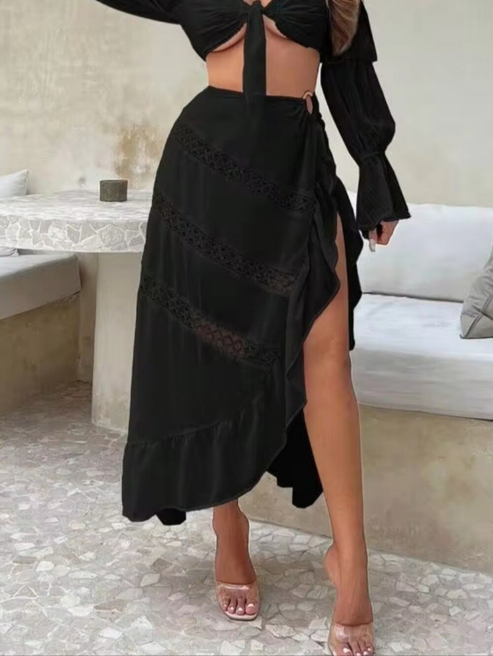 SXY Solid Ruffle Trim Ring Linked High Slit Black Skirt Size Small